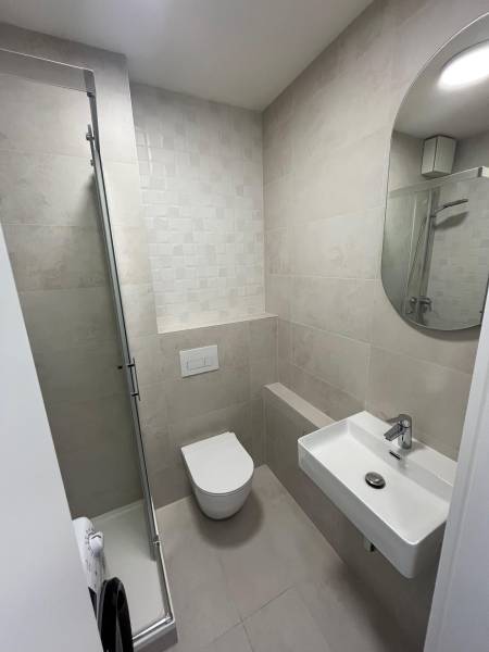 Badezimmer eines Einzimmerapartments mit Toilette, Waschbecken und Duschkabine in sanften Farbtönen.