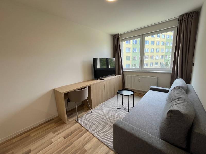 Einzimmerwohnung mit Sofa, Fernseher und Schreibtisch, helle Fenster mit Aussicht.