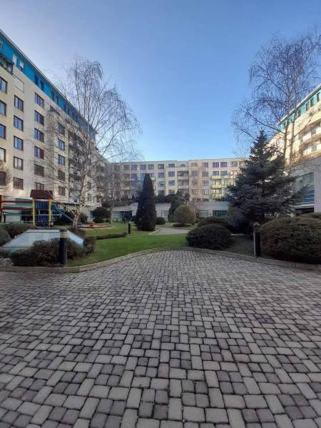 In Bratislava - Nové Mesto in the Vajnorská street with commercial spaces there are trees and maintained pavement.