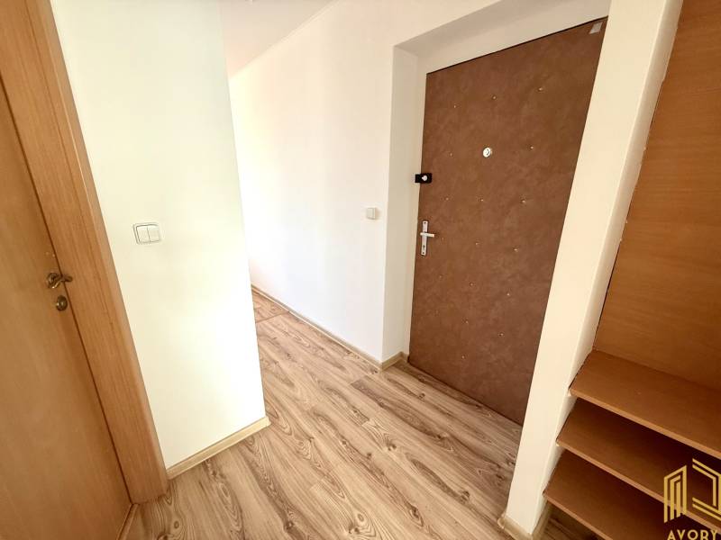 Flur mit Holzboden und Türen im Eingangsbereich einer 2-Zimmer-Wohnung.