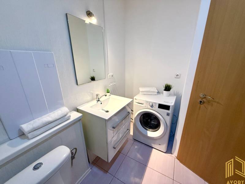 Badezimmer in einer 2-Zimmer-Wohnung mit Spiegel, Waschmaschine und Toilette.