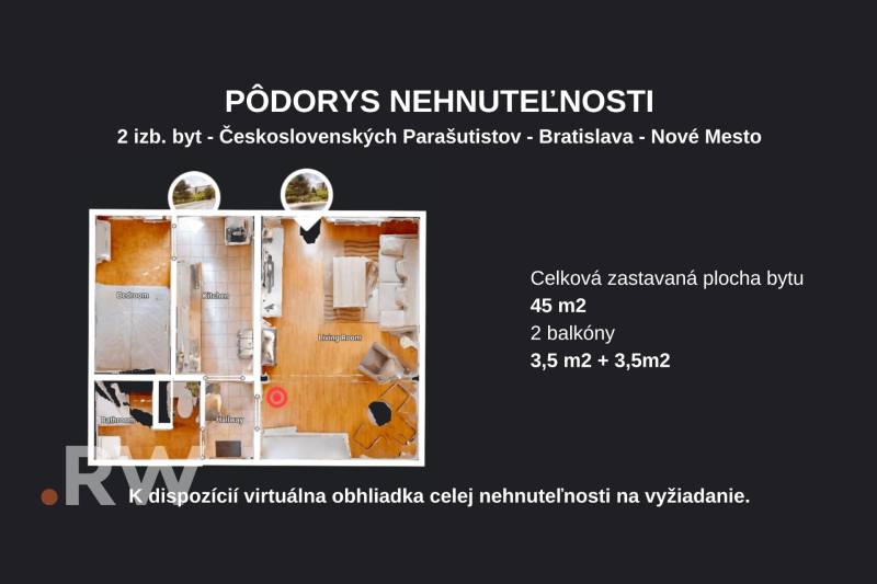 Grundriss einer 2-Zimmer-Wohnung in der Straße Československých parašutistov, Bratislava - Nové Mesto, 45 m², 2 Balkone.