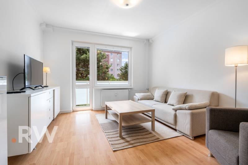 Wohnzimmer in einer 2-Zimmer-Wohnung mit Holzboden und bequemer Couch.