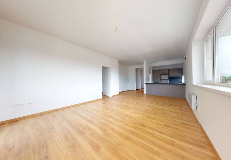Geräumiges Zimmer mit Holzboden und Küchenzeile in einer 3-Zimmer-Wohnung.