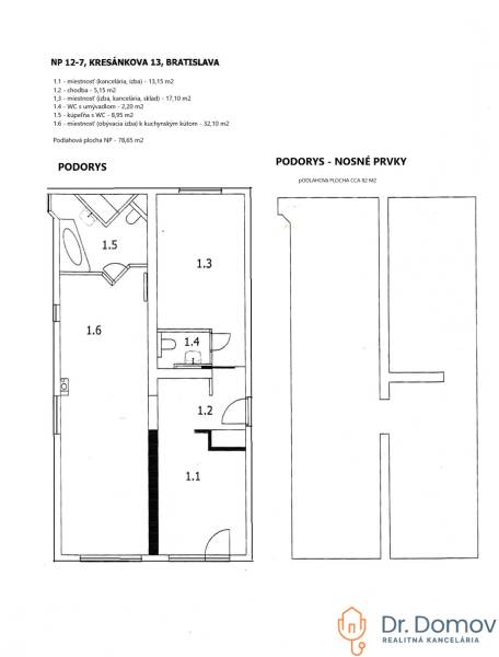 Grundriss von Geschäftsräumen mit einer Fläche von 78,65 m². Sechs Räume einschließlich Badezimmer.
