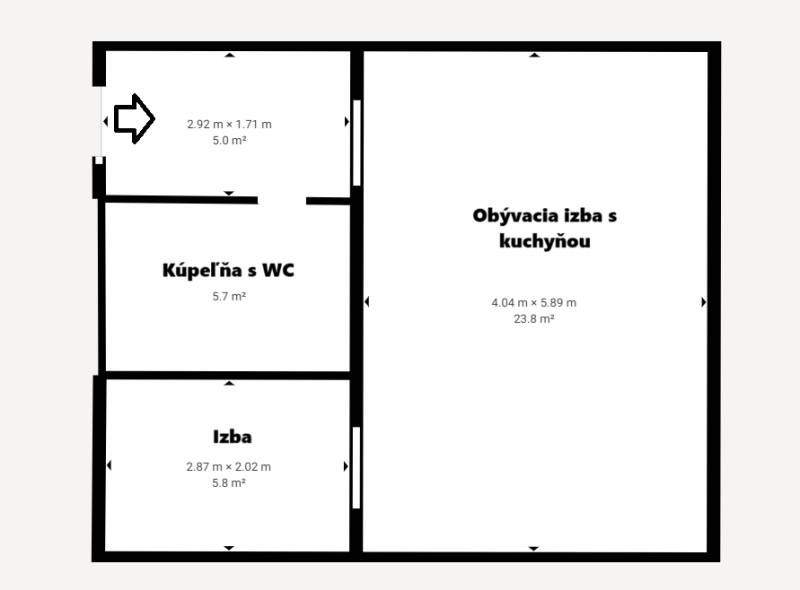 Grundriss einer 2-Zimmer-Wohnung mit Badezimmer und geräumigem Wohnzimmer mit Küche.