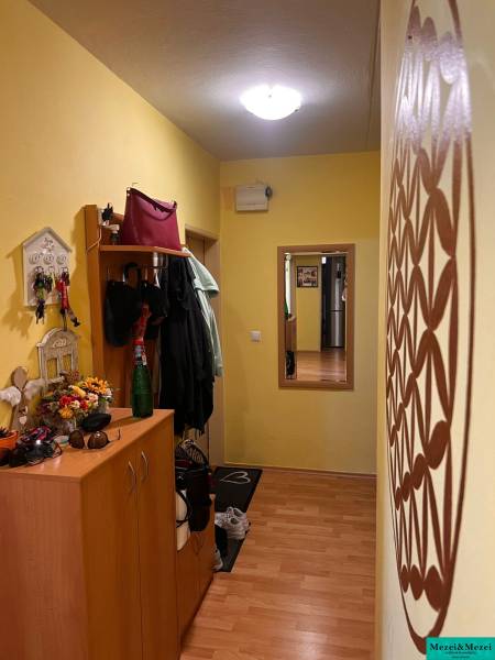 Der Flur in der 3-Zimmer-Wohnung mit einem Schrank, einem Kleiderhaken und einem Spiegel, die Wände sind gelb.