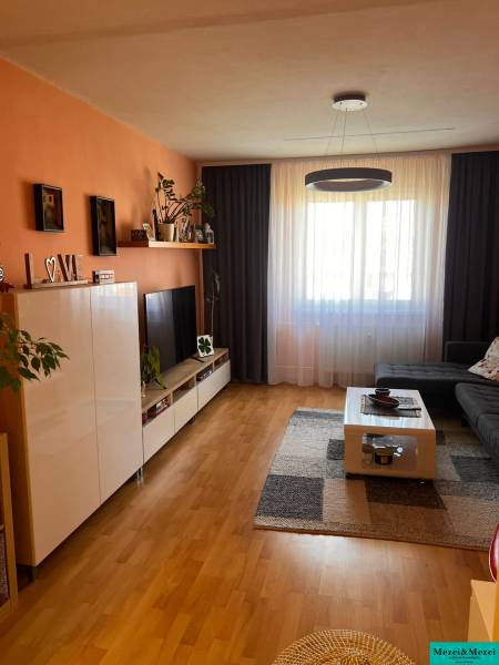 Wohnzimmer mit einer orangefarbenen Wand, dunklen Vorhängen, einem großen Fenster und Möbeln in einer 3-Zimmer-Wohnung.