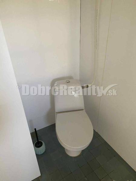 Toilette mit Reinigungsbürste auf hellem Fliesenboden in einem Einfamilienhaus.
