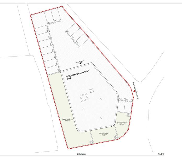 Bauplan mit Parkplätzen und Grünflächen für eine 3-Zimmer-Wohnung in der Stadt Vodice.