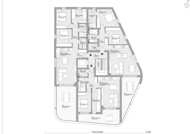 Der Entwurf einer 3-Zimmer-Wohnung zeigt die Anordnung der Räume und die geräumigen Terrassen.