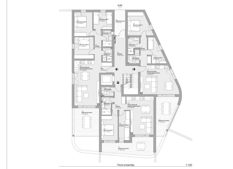 Grundriss einer 3-Zimmer-Wohnung mit Bezeichnung der Zimmer und Terrassen.
