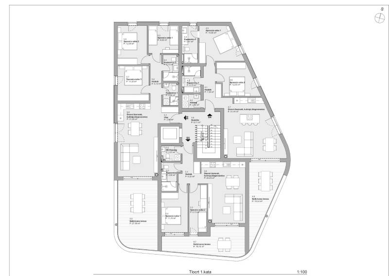 Grundrisse von 3-Zimmer-Wohnungen mit Terrassen und Räumen in einem modernen Apartmentkomplex.
