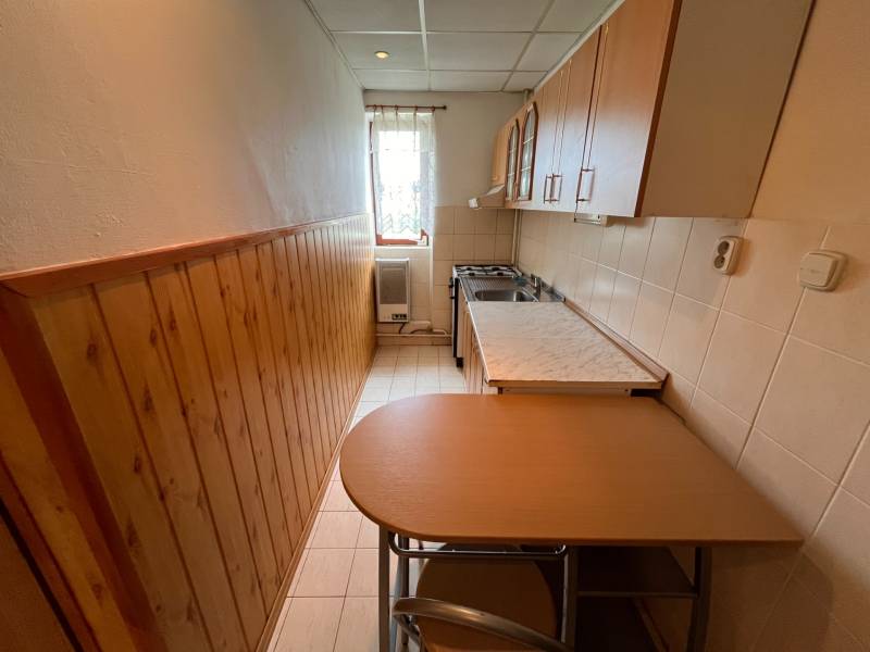 Küche in einer 2-Zimmer-Wohnung mit Holzwand und einfacher Einrichtung.