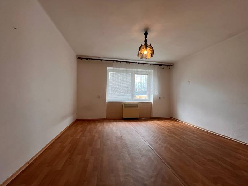 Ein Zimmer mit Holzboden und Hängelampe in einer 2-Zimmer-Wohnung.