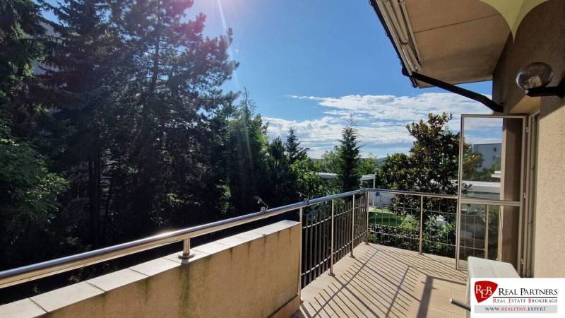 Der Balkon eines Einfamilienhauses mit Blick auf Bäume, sonniger Tag, offene Türen.