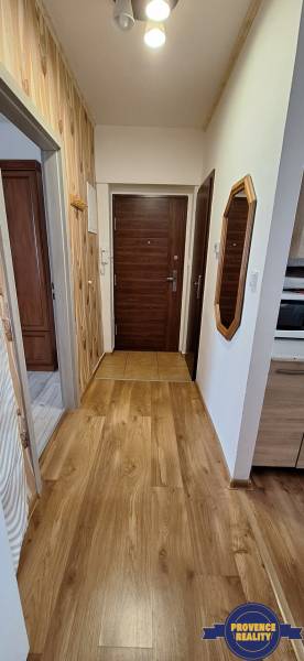 Eingangsbereich in einer 3-Zimmer-Wohnung mit Holzverkleidung und Holzboden.
