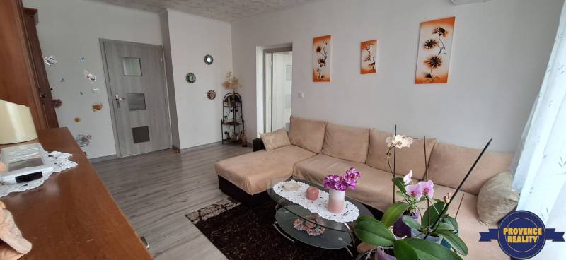 Wohnzimmer einer 3-Zimmer-Wohnung mit Sofa, Dekorationen und Holztüren.