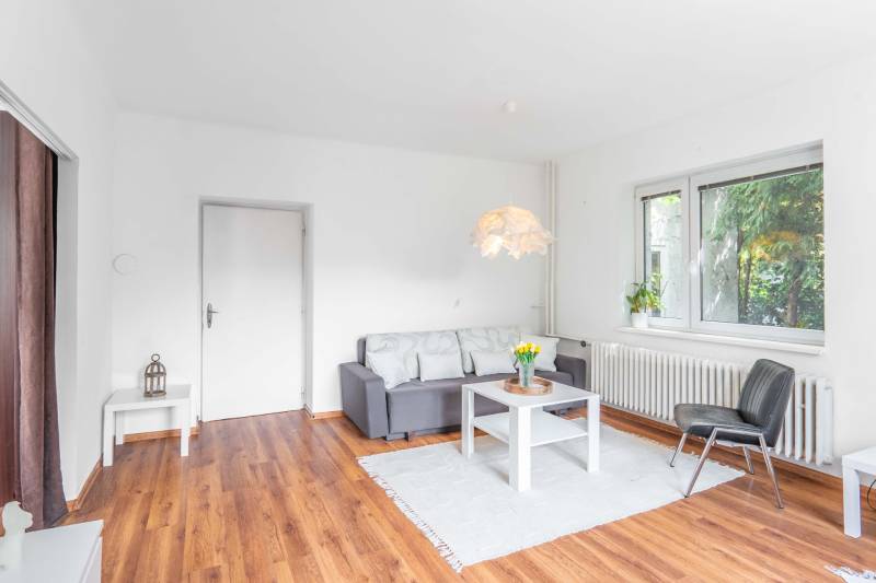 Wohnzimmer in einer 2-Zimmer-Wohnung mit Holzboden, Sofa und stilvoller Beleuchtung.