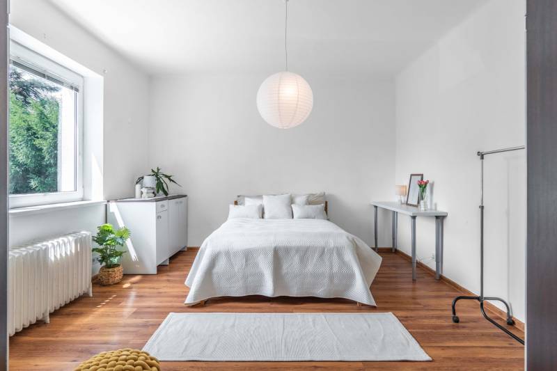 Helles Schlafzimmer mit Bett, Fenster und Zimmerpflanzen in einer 2-Zimmer-Wohnung.