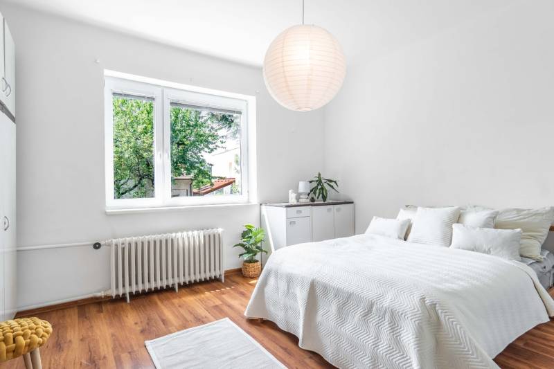 Helles Zimmer mit Bett, Pflanzen und Fenster in einer 2-Zimmer-Wohnung.