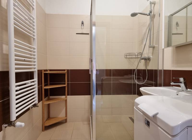 Badezimmer in einer 2-Zimmer-Wohnung mit verglaster Duschkabine, Waschbecken und Regal.