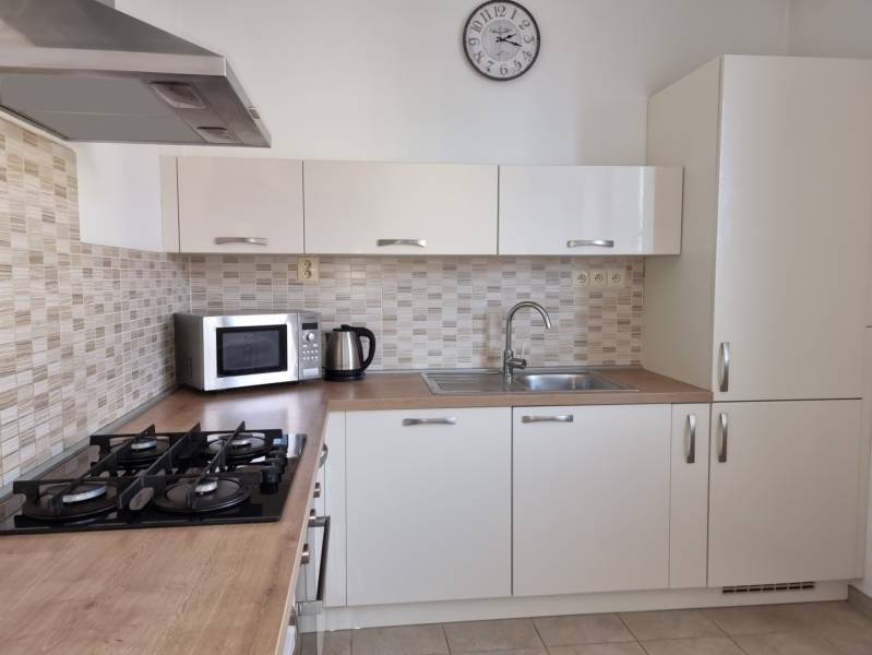 Küche mit Kochfeld und Mikrowelle in einer 2-Zimmer-Wohnung.