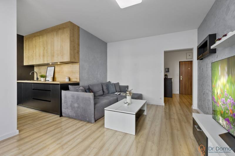 Stilvolles Wohnzimmer in einer 2-Zimmer-Wohnung mit Küche, Holzboden und Sofa.