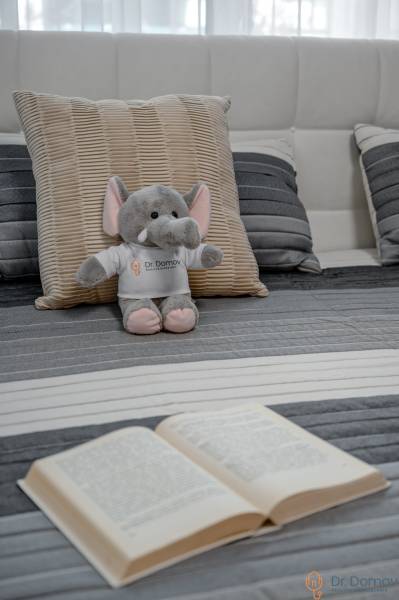Ein Elefantenspielzeug auf einem Kissen mit einem Buch auf dem Bett in einer Zweizimmerwohnung.
