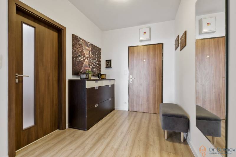 Diele in einer 2-Zimmer-Wohnung mit Eingangstür, Kleiderschrank und Wanddekoration.