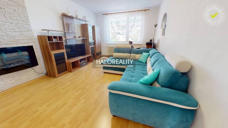 Wohnzimmer in einer 3-Zimmer-Wohnung mit Holzboden und türkisfarbenem Sofa.