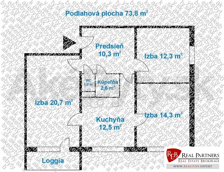 Grundriss einer 3-Zimmer-Wohnung mit Loggia, Diele, Küche, Badezimmer und WC.