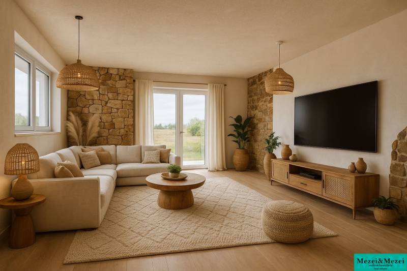 Wohnzimmer in einem Einfamilienhaus mit einem bequemen Sofa und Holzmöbeln.
