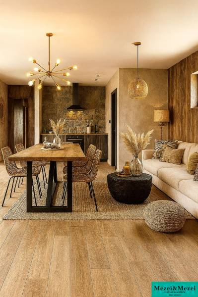 Ein stilvolles Wohnzimmer eines Einfamilienhauses mit Holzmöbeln und Naturelementen.