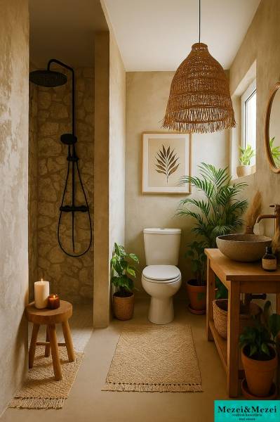 Ein Badezimmer in einem Einfamilienhaus mit Naturelementen, Pflanzen und Holzmöbeln.