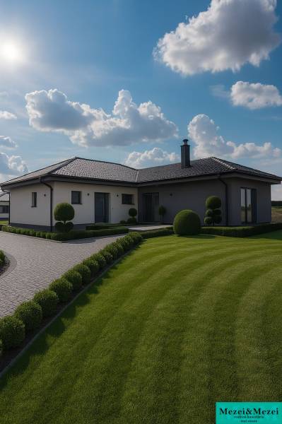 Ein Einfamilienhaus in Cífer mit einem gepflegten Garten und einem gepflasterten Gehweg unter blauem Himmel.