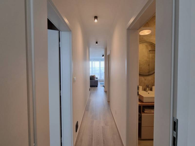 Flur mit Holzboden in einer 3-Zimmer-Wohnung, mit Blick ins Wohnzimmer.