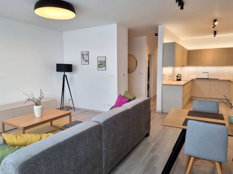 Wohnbereich einer 3-Zimmer-Wohnung mit grauem Sofa und Küchenzeile.
