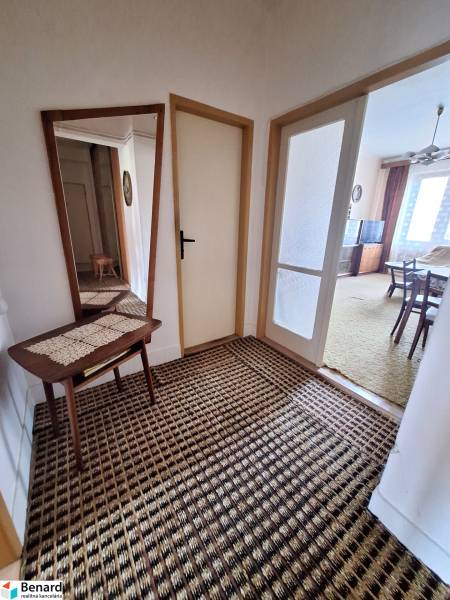 Flur mit Teppich und Spiegel in einer 2-Zimmer-Wohnung, der ins Wohnzimmer führt.