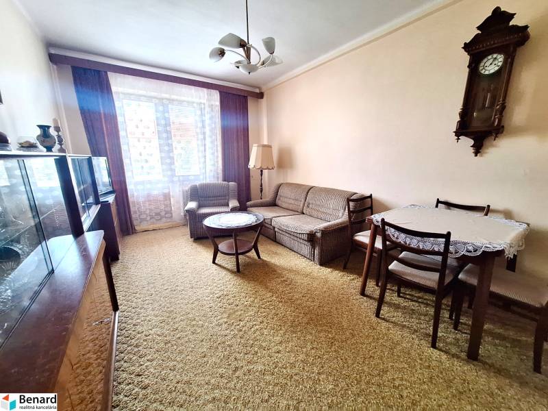 Wohnzimmer in einer 2-Zimmer-Wohnung mit einer Couchgarnitur, einem Tisch und einer antiken Uhr an der Wand.