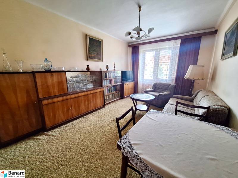 Wohnzimmer in einer Zweizimmerwohnung mit klassischen Möbeln und einem Fernseher am Fenster.