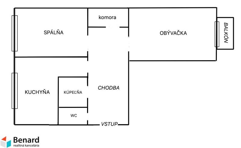 Grundriss einer 2-Zimmer-Wohnung umfasst Küche, Wohnzimmer, Schlafzimmer und Balkon.