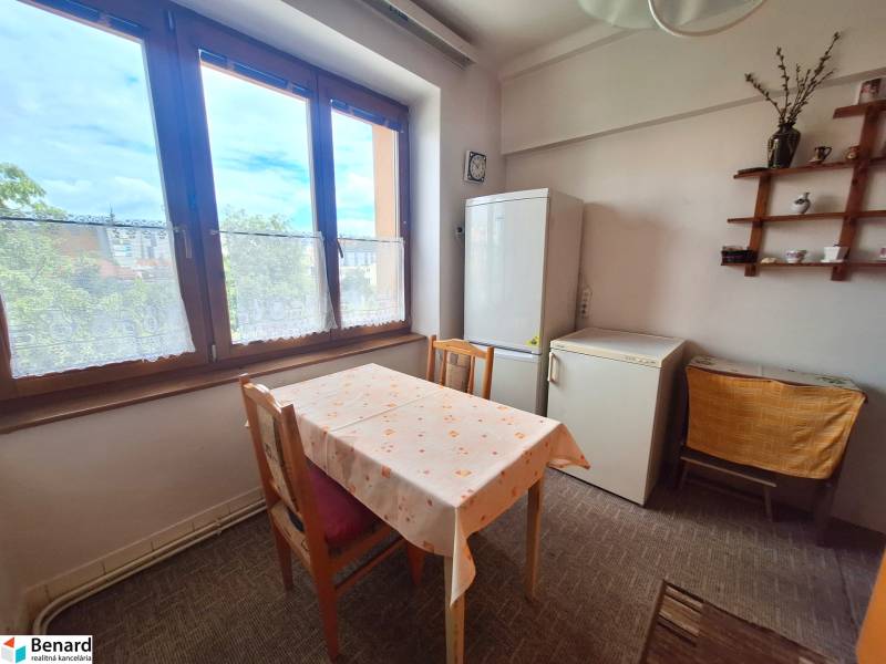 Esszimmer einer 2-Zimmer-Wohnung mit Tisch, Kühlschrank und Vitrine an der Wand.