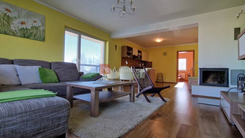 Wohnzimmer in einer Ferienwohnung mit Sofa, Tisch und Küchenzeile.