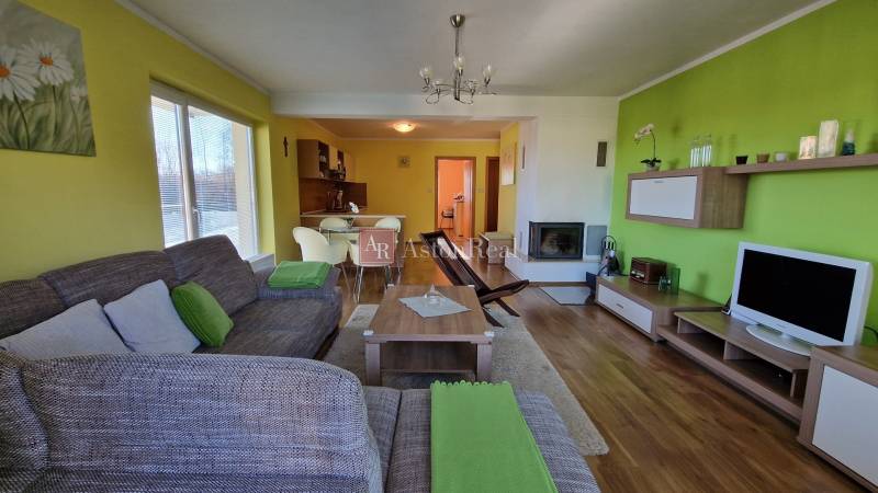 Wohnzimmer in einer Ferienwohnung mit Sofa, Fernseher, Kamin und Kochnische.