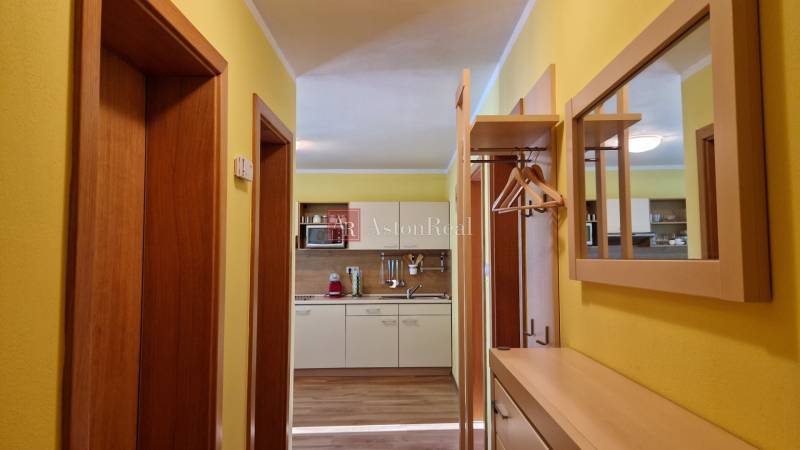Flur mit Schuhschrank, Spiegel und Blick in die Küche in einer Ferienwohnung.