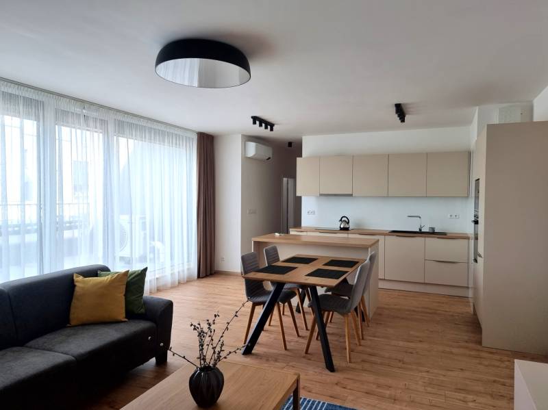 Wohnzimmer mit Küche in einer 3-Zimmer-Wohnung, eingerichtet mit Holzmöbeln und einem grauen Sofa.