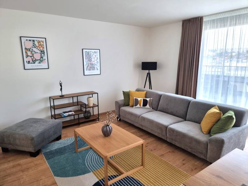 Wohnzimmer mit einem bequemen grauen Sofa und bunten Kissen in einer 3-Zimmer-Wohnung.