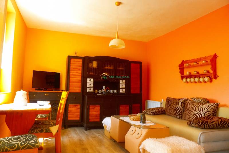 Wohnbereich in der Hütte mit orangefarbenen Wänden, Sofa und Fernseher.
