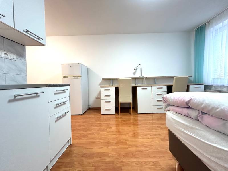 Ein Studio-Apartment mit hellem Interieur, Küchenzeile, Tisch, zwei Stühlen und einem Bett.